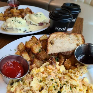 Smoked salmon scramble &amp; traditional eggs benedict w/Cafe Mocha