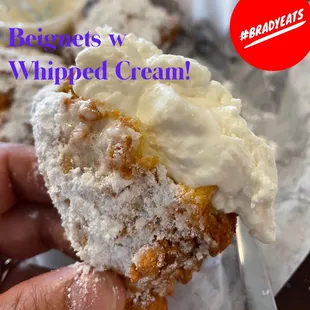Beignets. Fresh, hot, powered sugar and a dollop of whipped cream = OVERLOAD! In a good way #BradyEats