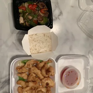 Shared rice between two Entrees- Jalapeño Steak and Sweet/Sour Chicken