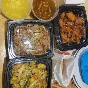 Veggie egg rolls, egg drop soup, hot &amp; sour soup, sesame chicken, pork lo mein and singapore meinfun.