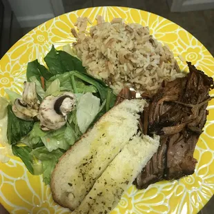 Roast, pilaf, salad and garlic bread. 3/4 ingredients from  Food 4 Less
