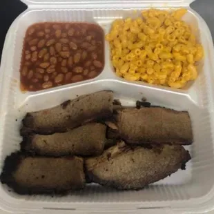 shows meat, beans, macaroni and cheese