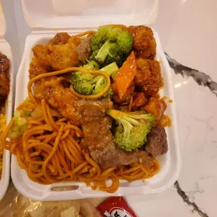 Chow-mein, beef and broccoli, orange chicken