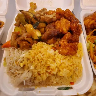 Rice noodles, fried rice, orange chicken, Kung pao chicken