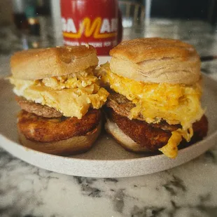 biscuit breakfast Sammie with scrambled eggs, chicken sausage, crispy potato patty; seasoned with our Breakfast Blend [foodbyfrenchie.com]
