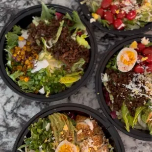 salads, salads, salads; Cobb salad with chicken, barbecue crunch salad with meatless mushroom crumbles