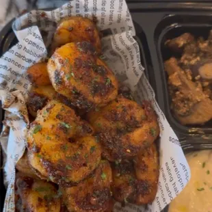 meal prep order: garlic shrimp, and chicken wings, each with 2 sides