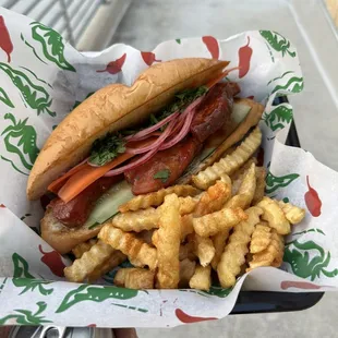 Pork belly Banh mi w a Southern twist - crispy pork rib w sriracha and a tasty aioli w pickled vegetables