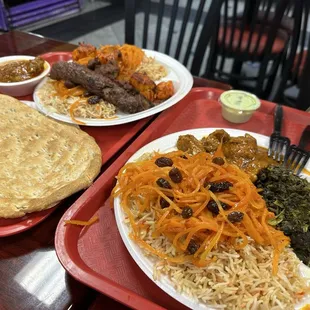 Delicious quabili Palau (E-1)and one of each kabob (A3 Super Jumbo). Plus a piece of Afghan bread.