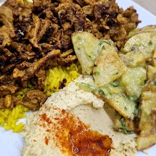 Chicken Shawarma with Spicy potatoes, Rice &amp; Hummus. So flavorful &amp; delicious, highly recommend!