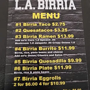 Menu for the pop up kitchen outside the restaurant.