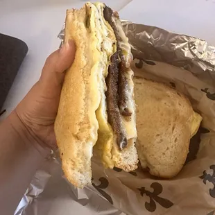 Hot sausage melt with 2 patties on sourdough bread