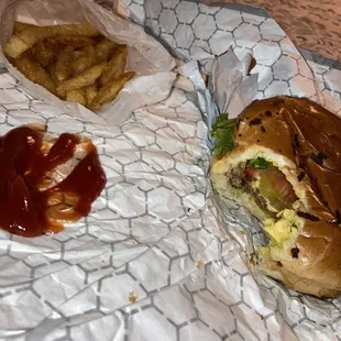 1/4 Hamburger and fries.