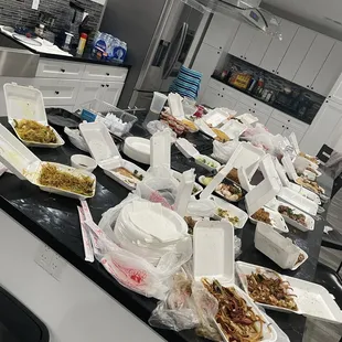 a kitchen counter with food on it