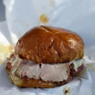 porkstrami $9 on a pretzel bun