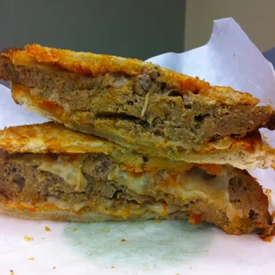 "Stanwich" meatloaf sandwich pressed on Ciabatta with provolone and spicy ketchup