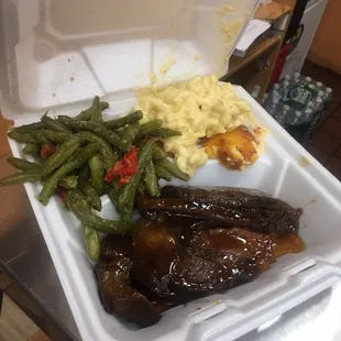 Bourbon BBQ Beef Brisket Green Beans with Garlic Baked Mac and Cheese