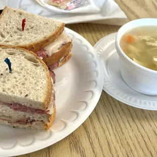 #1 Triple Decker-Corned Beef, Pastrami, Swiss, Cole Slaw &amp; Russian Dressing &amp; Matzo Ball Soup