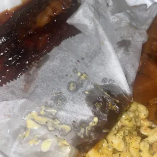 BBQ Pork Ribs Platter side of Mac and Cheese and Candied Yams