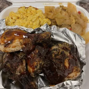 Jerk Chicken Mac and Cheese cabbage