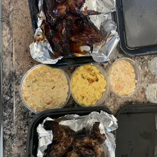 Jerk Wings &amp; BBQ wings Mac n cheese, potato salad &amp; seafood salad