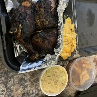 Jerk chicken dark meal with Mac &amp; Cheese  &amp; Potato Salad