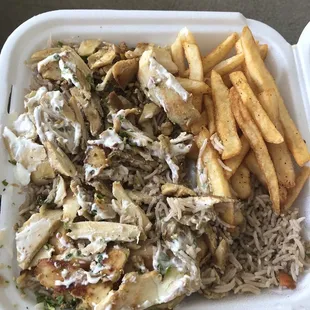 Chicken Shawarma Plate with rice and fries