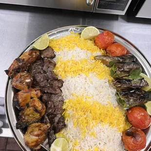 Family platter with bone in chicken thigh, flap meat, and top sirloin
