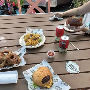 Double smash burger, Keto smash burger, onion rings and Corn Riblets!