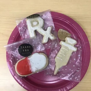 Custom cookies! Very creative "pill", syringe and Rx cookies!