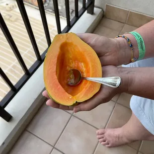 Papaya for breakfast every morning. Thanks Food Pantry. Allow 2 days to ripen.