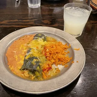 Blue corn chicken enchilada, and we learned lots about green chilis