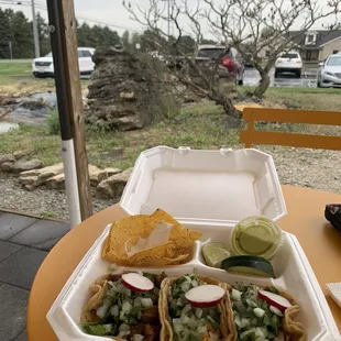 Pork, chicken, steak taco. (Taco combination).