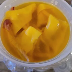 Wonton soup.  Why is it so yellow?  Salty and yummy