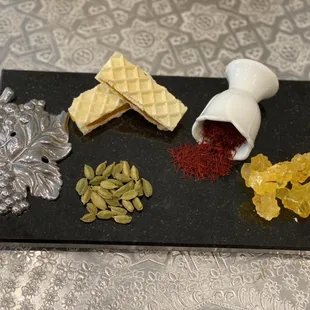 Saffron, cardamom &amp; saffron rock candy.