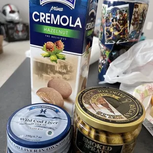 Hazelnut Cookies from Poland, smoked sprats in oil from Latvia, cod liver in oil from Iceland