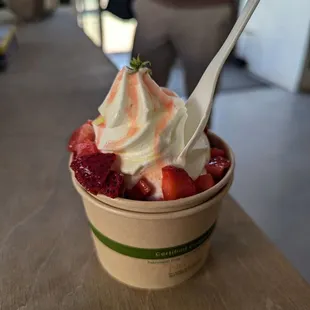 Froyo with macerated strawberry and olive oil