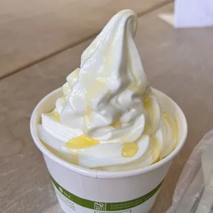 Frozen yogurt topped with olive oil and sea salt