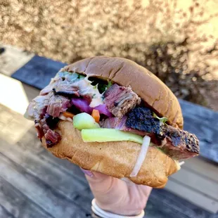 smoked bahn mi brisket sandwich with pickled onions and a garlic aoli