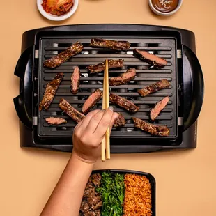 Korean Steak: Marinated Beef Tenderloin, Kimchi Rice, Garlic Broccolini