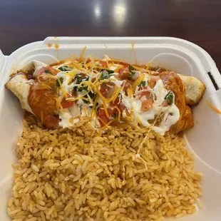 Loaded Chicken Enchiladas with rice and no coleslaw 10.99