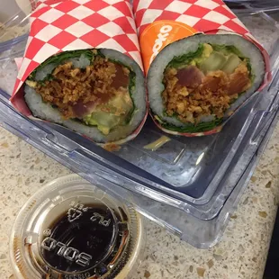 Sushi burrito with tuna salmon tempura flakes and eel sauce