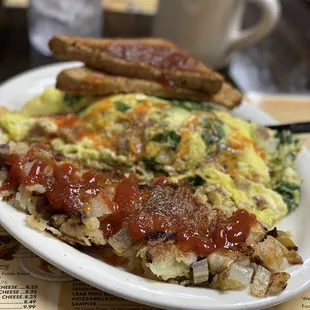 an omelet and a sandwich