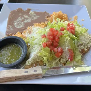 Fried quesadillas with carne asada, Refried Beans &amp; Rice