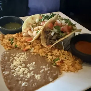 Carne asada and shrimp taco plate