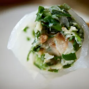 Inside spinach and seafood dumpling