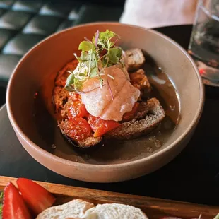quick cure cod, toast, tomato, Portuguese oil