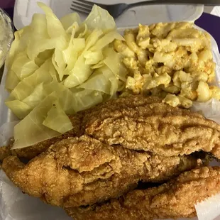 Whiting platter with Mac &amp; cheese &amp; cabbage