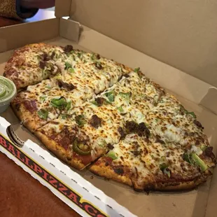 Medium House Special Pizza: Beef, green peppers, onions. Added- jalapeños.