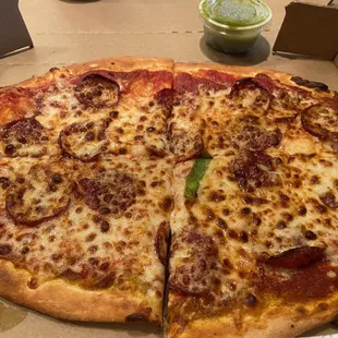 10" personal pizza with beef pepperoni and a side of spicy